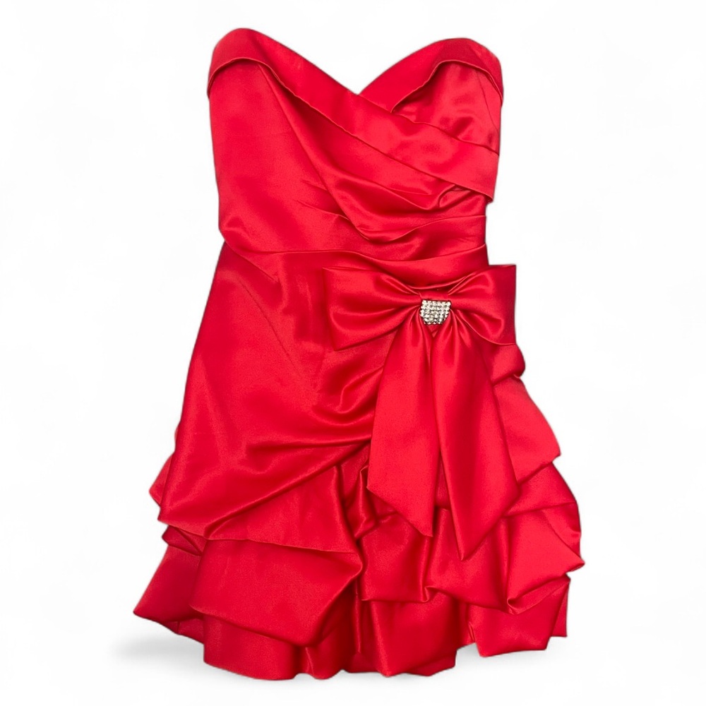 Y2K Masquerade Red Strapless Ruffle Mini Party Dress with Bow Detail Size 3/4